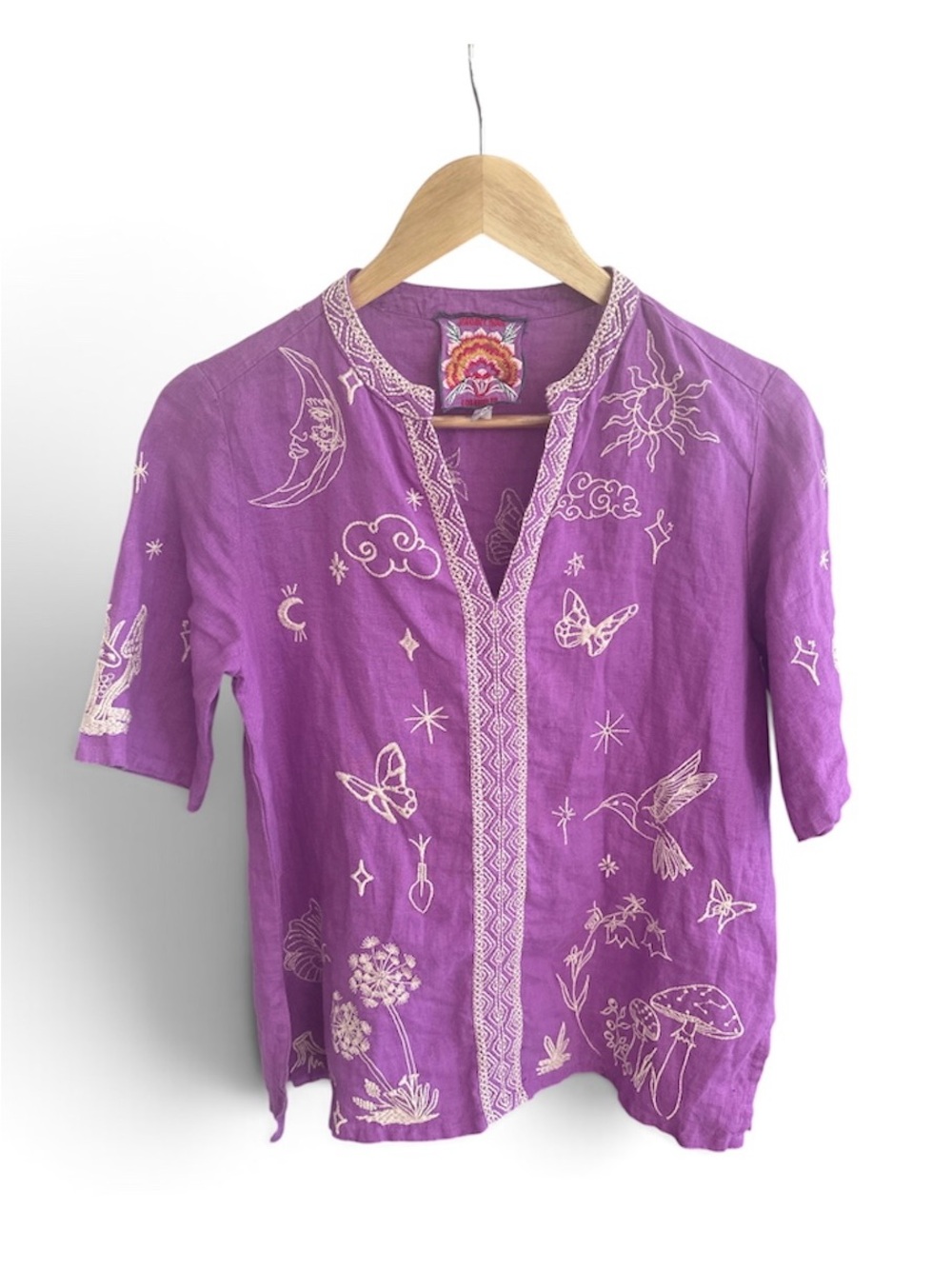 Johnny Was Noah Easy V-Neck Top Iris Purple Embroidered 100% Linen Boho XS